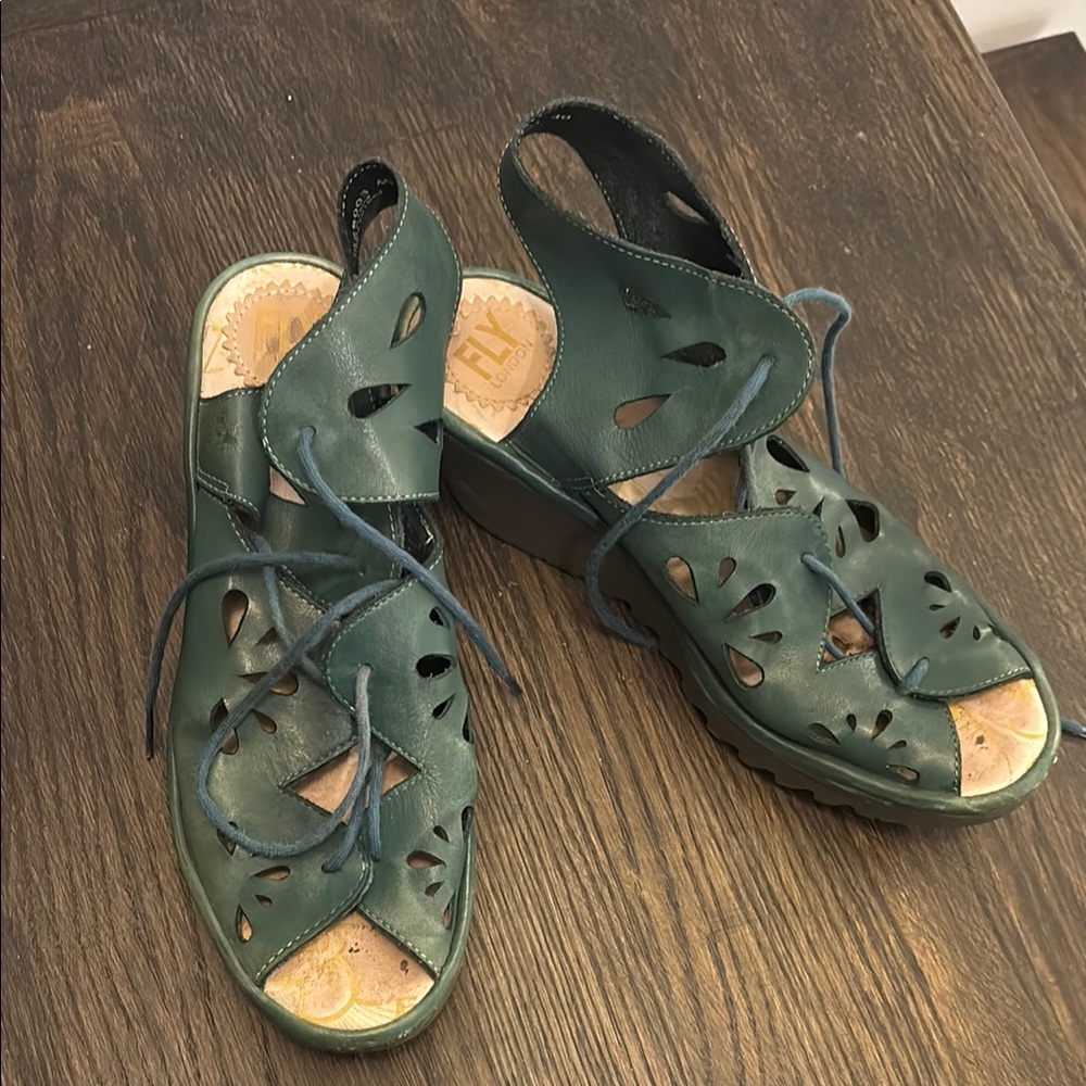 Fly London Teal Green Cutout Lace-Up Wedge Sandals - Picture 2 of 7
